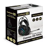Полноразмерные игровые наушники с микрофоном (гарнитура) ExeGate Cosmos HS-704GL (регулировка оголовья, гибкий дежатель микрофона, объемный звук 7.1, длина кабеля 2.5м, динамик 50мм, 20-20000Гц, RGB подсветка, USB интерфейс, регулировка громкости, Color B