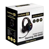 Полноразмерные игровые наушники с микрофоном (гарнитура) ExeGate Gaming HS-520G (регулировка оголовья, гибкий держатель микрофона, USB, 2x3.5мм, динамик 40мм, 20-20000Гц, длина кабеля 2.5м, регулировка громкости, RGB подсветка)