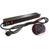Блок розеток 19", 1-фазный с выключателем,10A / 250V, 8xC13 с фиксатором вилки, шнур 3.0 м, вилка Schuko