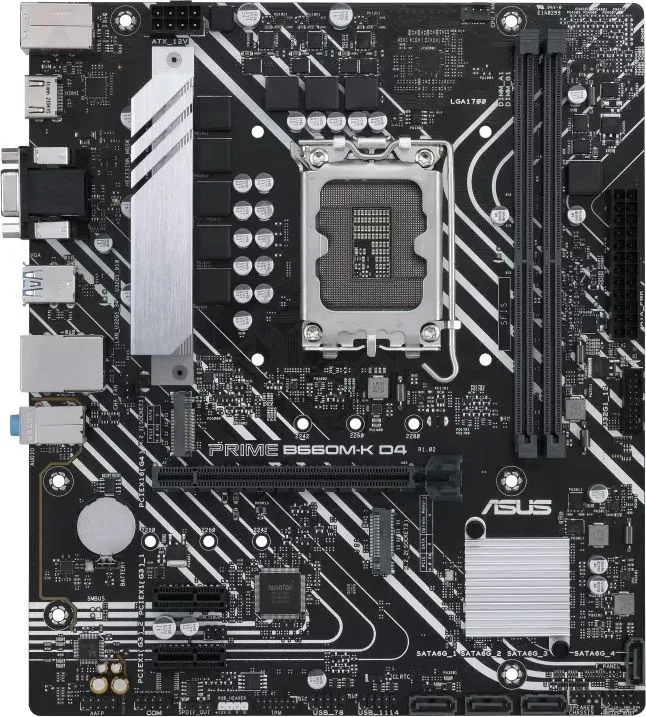 Материнская плата ASUS PRIME B660M-K D4, LGA1700, B660, 2*DDR4, D-Sub + HDMI, SATA3 + RAID, Audio, Gb LAN, USB 3.2*6, USB 2.0*6, COM*1 header (w/o cable), mATX; 90MB1950-M1EAY0