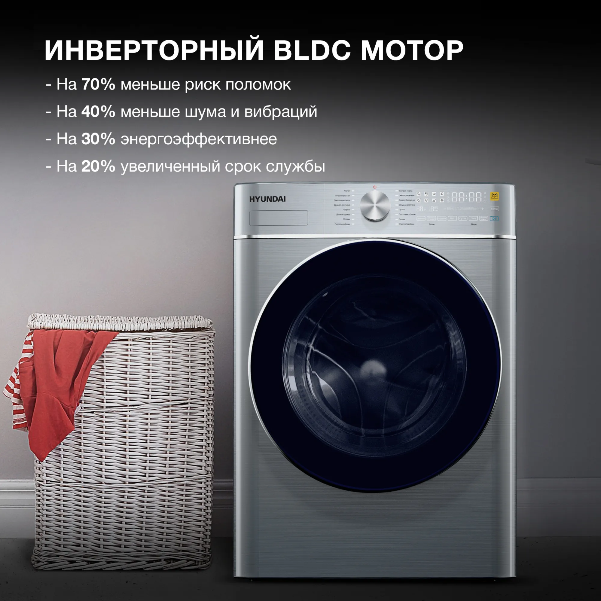 Стиральная машина Hyundai WMD9413 класс: B загр.фронтальная макс.:10кг (с сушкой) темно-серебристый