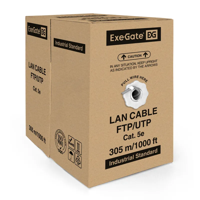 Кабель ExeGate FUTP4-C5e-CU-S26-IN-PVC-GY-305 FTP 4 пары кат.5e медь, 0.41мм (26AWG), экран, 305м, серый, PVC