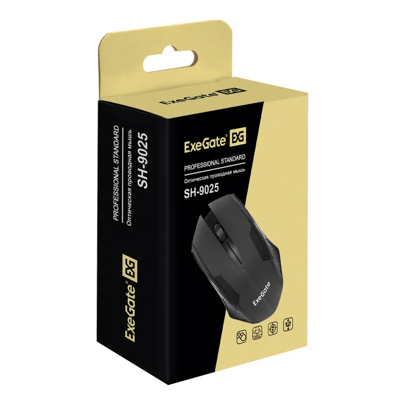 Мышь ExeGate Professional Standard SH-9025 (USB, оптическая, 1000dpi, 3D, 3 кнопки и колесо прокрутки, длина кабеля 1,35м, черная, Color Box)