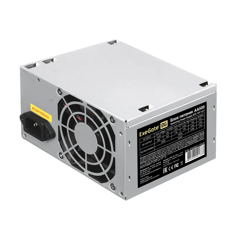 Блок питания 500W ExeGate AA500-S (ATX, SC, 8cm fan, 24pin, 4pin, 2xSATA, IDE, кабель 220V 1,8м с защитой от выдергивания)