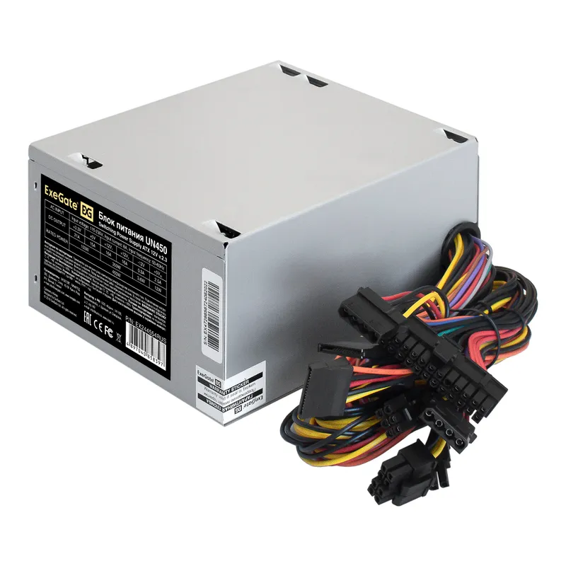 Блок питания 450W ExeGate UN450-PC (ATX, PC, 12cm silent fan, 24pin, (4+4)pin, PCI-E, 3xSATA, 2xIDE, кабель 220V в комплекте 1,8м)
