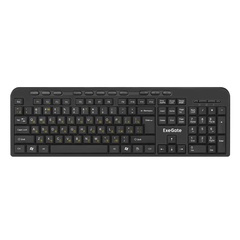Комплект беспроводной ExeGate Professional Standard Combo MK240 (клавиатура мультимедийная полноразмерная влагозащищенная 115кл. + мышь оптическая 800/1000/1200dpi, 4 кнопки и колесо прокрутки; USB, радиоканал 2,4 ГГц, радиус действия до 10м, черный, Colo