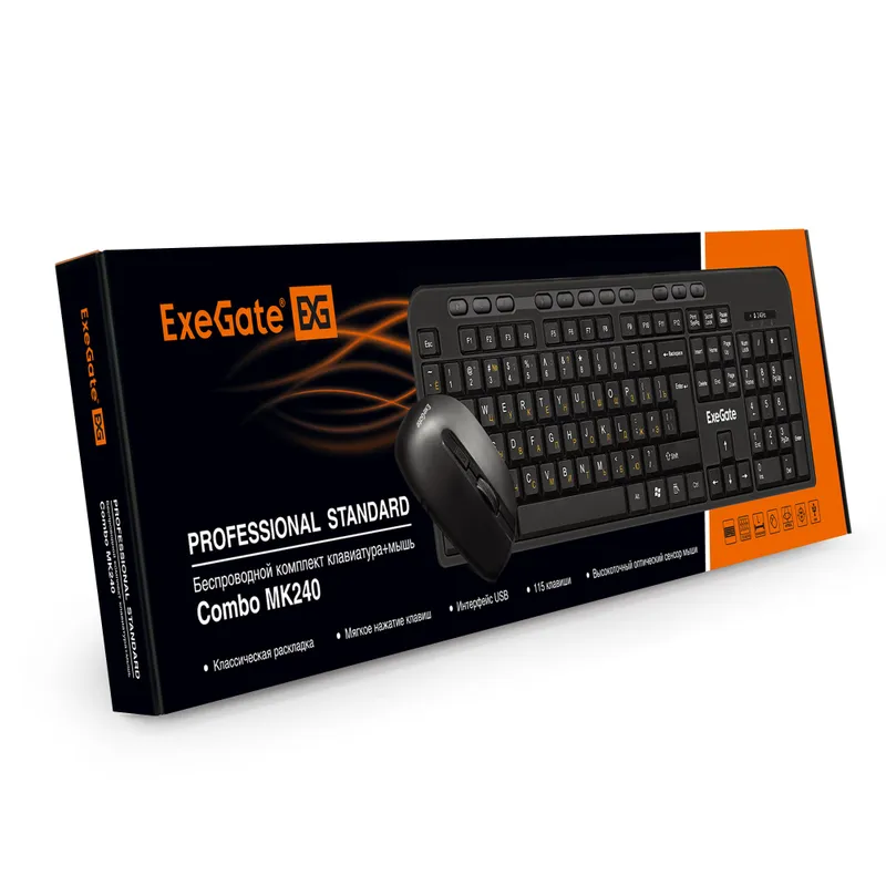 Комплект беспроводной ExeGate Professional Standard Combo MK240 (клавиатура мультимедийная полноразмерная влагозащищенная 115кл. + мышь оптическая 800/1000/1200dpi, 4 кнопки и колесо прокрутки; USB, радиоканал 2,4 ГГц, радиус действия до 10м, черный, Colo