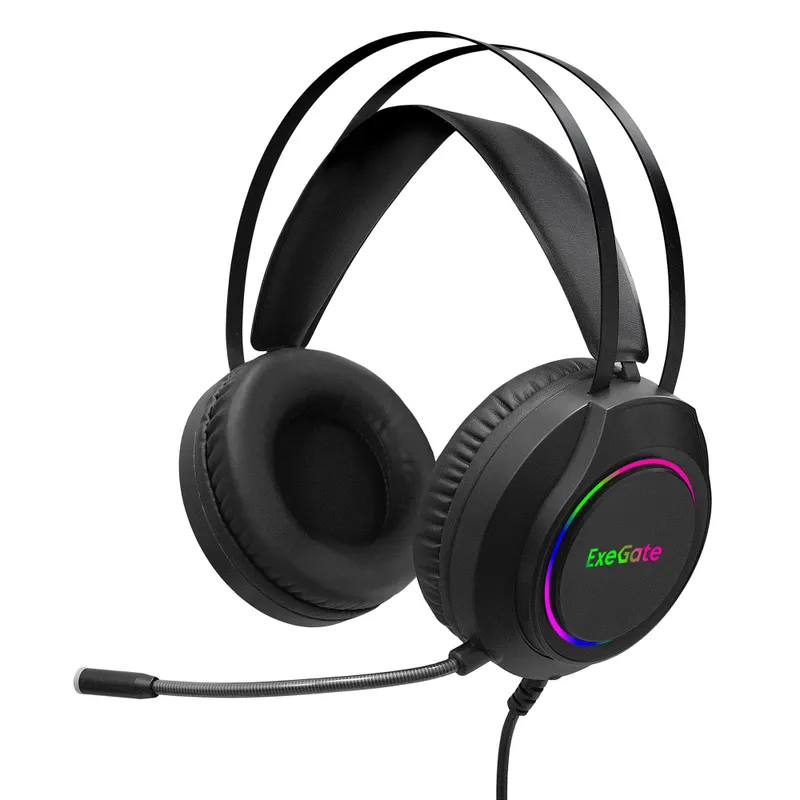 Полноразмерные игровые наушники с микрофоном (гарнитура) ExeGate Cosmos HS-702GL (регулировка оголовья, гибкий дежатель микрофона, объемный звук 7.1, длина кабеля 2.5м, динамик 50мм, 20-20000Гц, RGB подсветка, USB интерфейс, регулировка громкости, Color B
