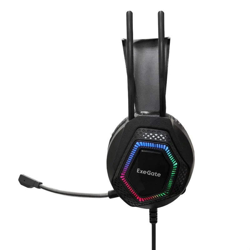 Полноразмерные игровые наушники с микрофоном (гарнитура) ExeGate Cosmos HS-704GL (регулировка оголовья, гибкий дежатель микрофона, объемный звук 7.1, длина кабеля 2.5м, динамик 50мм, 20-20000Гц, RGB подсветка, USB интерфейс, регулировка громкости, Color B