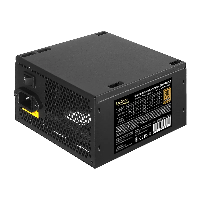 Серверный БП 700W ExeGate ServerPRO 80 PLUS® Bronze 700PPH-SE (ATX, APFC+Dual Forward, КПД 89% (80 PLUS Bronze), 12cm fan, flat cables 24pin, 2x(4+4)pin, 4xPCI-E, 6xSATA, 3xIDE, black, кабель 220V в комплекте 1,5м, RTL)