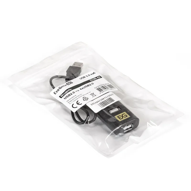 USB-Хаб (концентратор) 4-в-1 ExeGate DUB-42 (кабель-адаптер USB2.0 --> 4xUSB2.0, Plug&Play, черный)