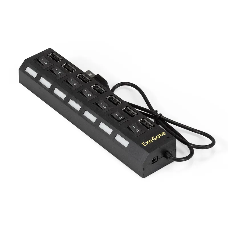USB-Хаб (концентратор) 7-в-1 ExeGate DUB-72SW (кабель-адаптер USB2.0 --> 7xUSB2.0, кнопки включения/отключения для каждого порта, Plug&Play, черный)