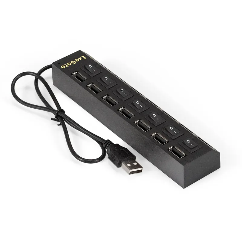 USB-Хаб (концентратор) 7-в-1 ExeGate DUB-72SW (кабель-адаптер USB2.0 --> 7xUSB2.0, кнопки включения/отключения для каждого порта, Plug&Play, черный)