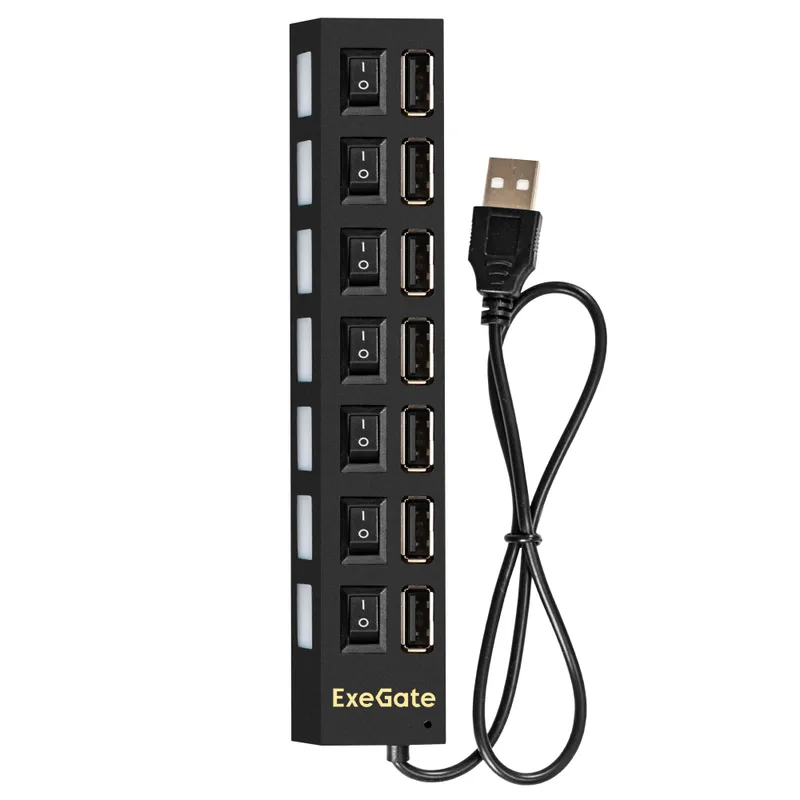 USB-Хаб (концентратор) 7-в-1 ExeGate DUB-72SW (кабель-адаптер USB2.0 --> 7xUSB2.0, кнопки включения/отключения для каждого порта, Plug&Play, черный)