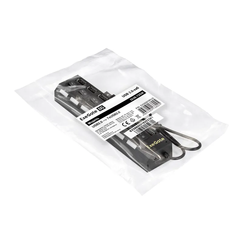 USB-Хаб (концентратор) 7-в-1 ExeGate DUB-72SW (кабель-адаптер USB2.0 --> 7xUSB2.0, кнопки включения/отключения для каждого порта, Plug&Play, черный)