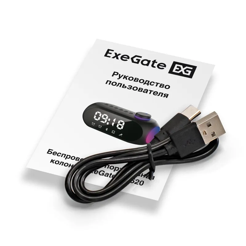BT-колонка-часы ExeGate Yo 520 (электронные беспроводные с LED индикацией, 5Вт, 80-20000Гц, Bluetooth, Li-Ion, 1200mAh, FM 87.5MHz-108MHz, поддержка TF/microSD-card, 3,5mm audio jack, зарядка USB Type-C, регулятор громкости на верхней панели, Color Box)