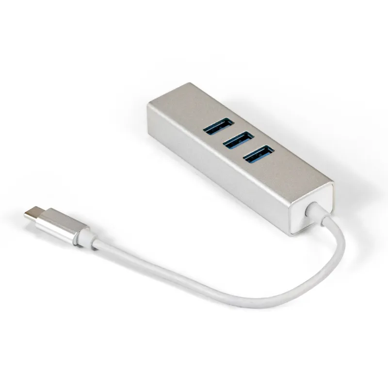 Кабель-адаптер ExeGate EXE-77C-45 (USB3.0 Type C --> 3xUSB3.0 + 1xRJ45 UTP 1000Mbps RTL8153, корпус алюминиевый, серебристый)