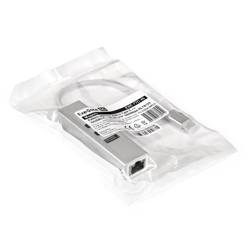 Кабель-адаптер ExeGate EXE-77C-45 (USB3.0 Type C --> 3xUSB3.0 + 1xRJ45 UTP 1000Mbps RTL8153, корпус алюминиевый, серебристый)
