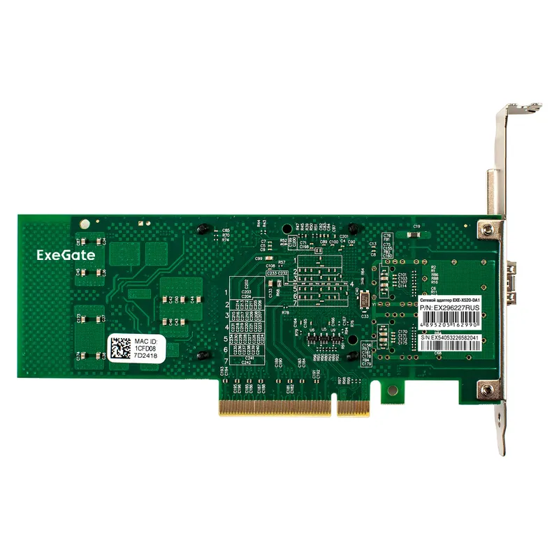 Сетевой адаптер ExeGate EXE-X520-DA1 (PCI-E x8 v2.0, порты 1x SFP+ 10Gb/s (10/5/2.5/1Gb/s, 100Mb/s), Server NIC Intel Chipset JL82599EN)