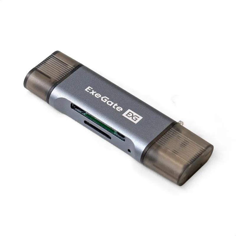 Устройство чтения/записи карт памяти ExeGate CR-201CA (компактный картридер USB Type-A + Type-C --> Card Reader, поддержка стандартов: SD/SDHC/MMCII/RS MMC, Micro SD/ Micro SDHC/Micro SDXC, Plug&Play, серый)