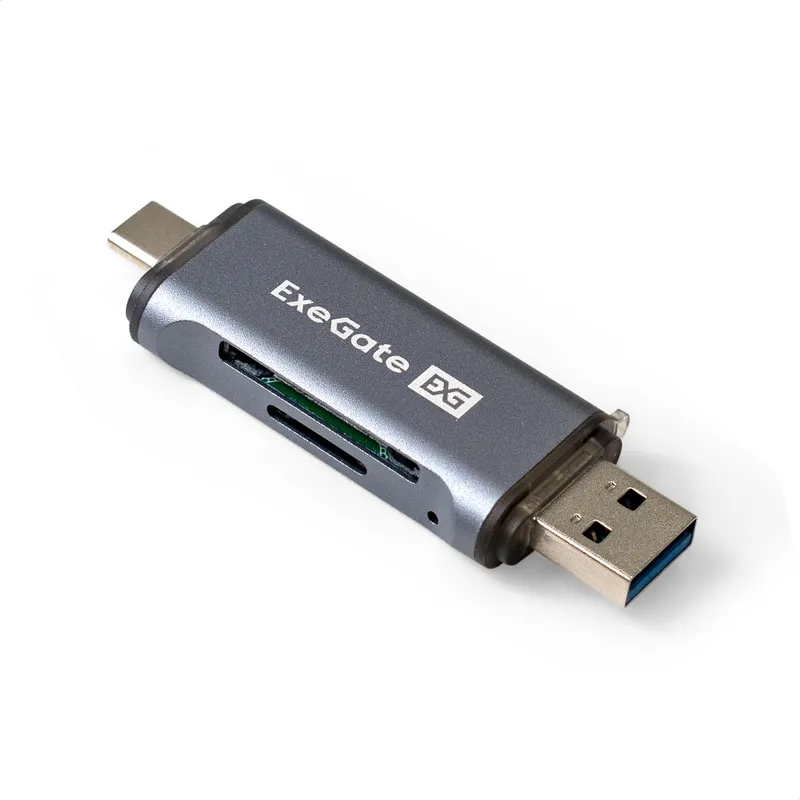 Устройство чтения/записи карт памяти ExeGate CR-201CA (компактный картридер USB Type-A + Type-C --> Card Reader, поддержка стандартов: SD/SDHC/MMCII/RS MMC, Micro SD/ Micro SDHC/Micro SDXC, Plug&Play, серый)