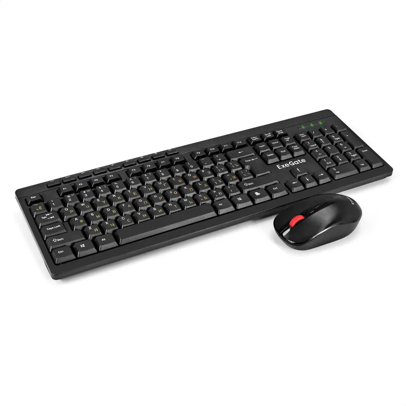 Комплект беспроводной ExeGate Professional Standard Combo MK260 (клавиатура мультимедийная полноразмерная влагозащищенная 113кл. + мышь оптическая 1200dpi, 4 кнопки и колесо прокрутки; USB, радиоканал 2,4 ГГц, радиус действия до 10м, черный, RTL)