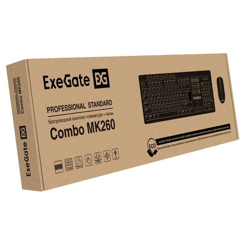 Комплект беспроводной ExeGate Professional Standard Combo MK260 (клавиатура мультимедийная полноразмерная влагозащищенная 113кл. + мышь оптическая 1200dpi, 4 кнопки и колесо прокрутки; USB, радиоканал 2,4 ГГц, радиус действия до 10м, черный, RTL)