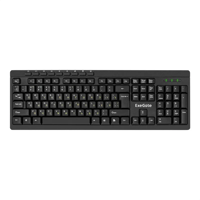 Комплект беспроводной ExeGate Professional Standard Combo MK260 (клавиатура мультимедийная полноразмерная влагозащищенная 113кл. + мышь оптическая 1200dpi, 4 кнопки и колесо прокрутки; USB, радиоканал 2,4 ГГц, радиус действия до 10м, черный, RTL)