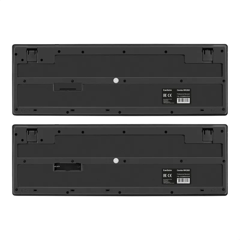 Комплект беспроводной ExeGate Professional Standard Combo MK260 (клавиатура мультимедийная полноразмерная влагозащищенная 113кл. + мышь оптическая 1200dpi, 4 кнопки и колесо прокрутки; USB, радиоканал 2,4 ГГц, радиус действия до 10м, черный, RTL)