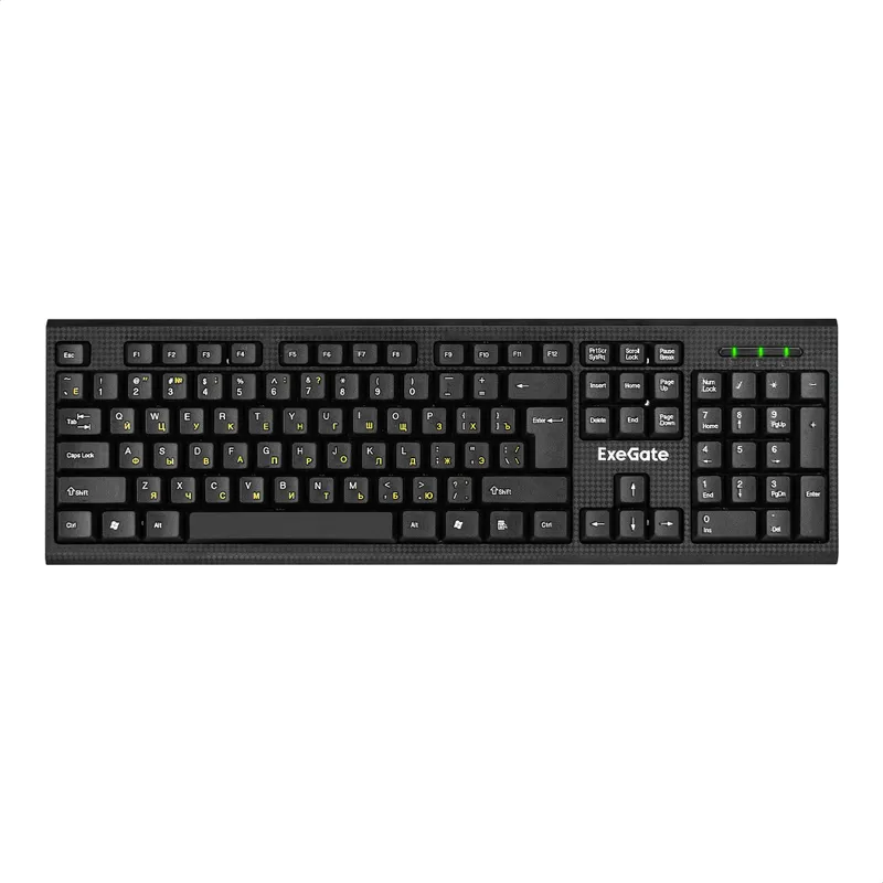Комплект беспроводной ExeGate Professional Standard Combo MK200 (клавиатура полноразмерная влагозащищенная 104кл. + мышь оптическая 1200dpi, 3 кнопки и колесо прокрутки; USB, радиоканал 2,4 ГГц, радиус действия до 10м, черный, RTL)