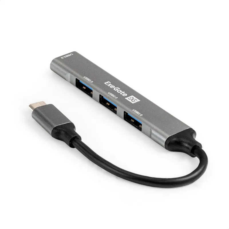 USB-Хаб (концентратор) 4-в-1 ExeGate DUB-3213C (кабель-адаптер USB3.0 Type-C --> 3xUSB2.0, 1xUSB3.0, Plug&Play, серебристый)