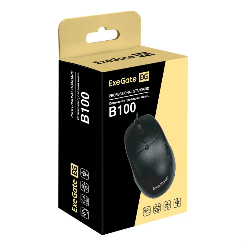 Мышь ExeGate Professional Standard B100 (USB, оптическая, 1000dpi, 3D, 3 кнопки и колесо прокрутки, длина кабеля 1,5м, черная, Color Box)