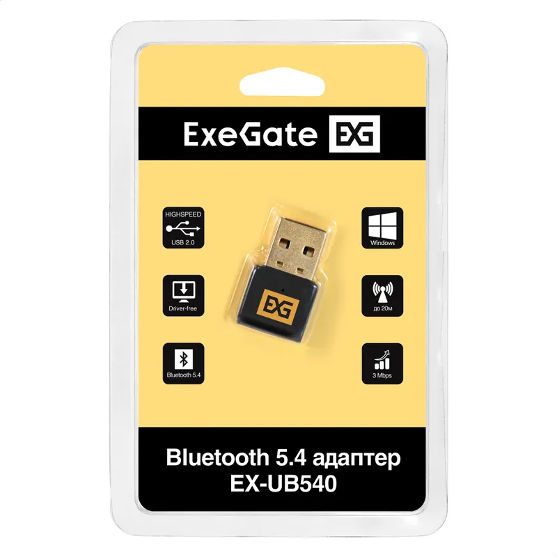 Bluetooth адаптер ExeGate EX-UB540 (BT 5.4, USB HighSpeed 2.0, до 20м, до 7 устройств, Dual-mode Bluetooth, повышенная скорость передачи данных (EDR), сверхнизкое электропотребление (BLE), LE Audio, LC3 codec, поддержка A2DP/SBC/AAC/HSP/AVRCP/HID, Plug & 
