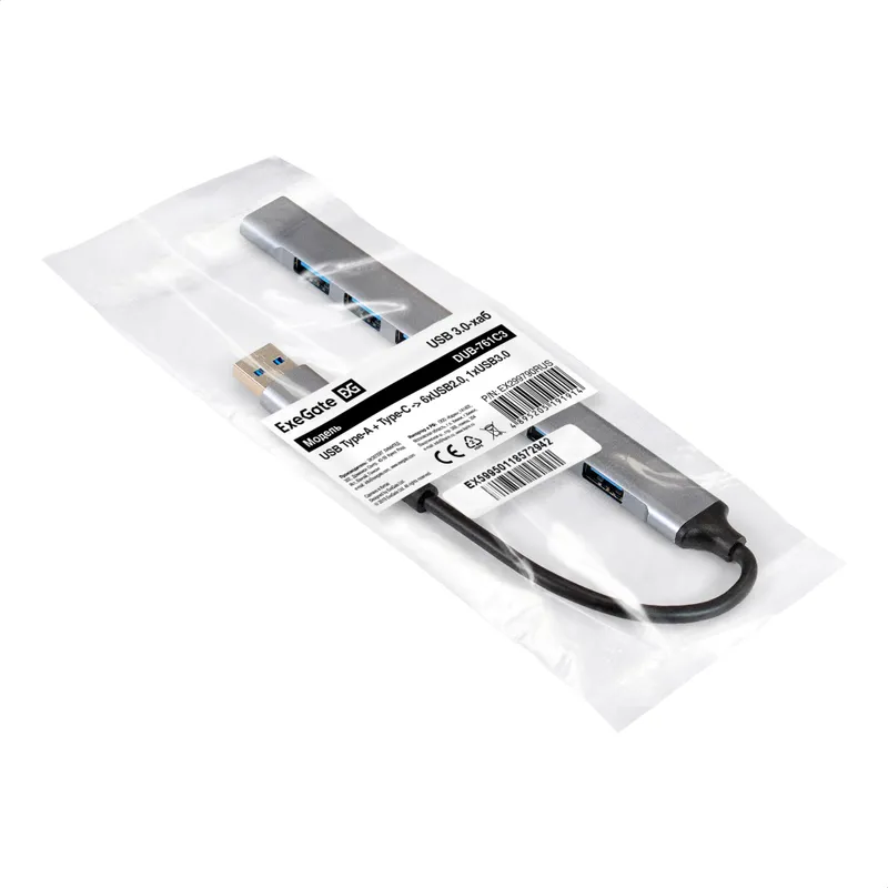 USB-Хаб (концентратор) 7-в-1 ExeGate DUB-761C3 (кабель-адаптер USB Type-A + Type-C --> 6xUSB2.0, 1xUSB3.0, Plug&Play, серебристый)