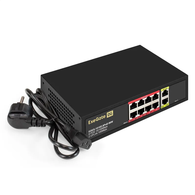 Коммутатор неуправляемый ExeGate EDES-1010D.8PoE-96W (10-портовый UTP 10/100 Base-Tx: 8 портов IEEE 802.3af (PoE), мощность PoE: 25W, суммарно 96W, 2 порта RJ45 uplink, настенный/настольный, металлический корпус)