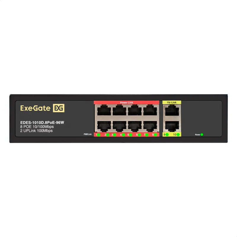 Коммутатор неуправляемый ExeGate EDES-1010D.8PoE-96W (10-портовый UTP 10/100 Base-Tx: 8 портов IEEE 802.3af (PoE), мощность PoE: 25W, суммарно 96W, 2 порта RJ45 uplink, настенный/настольный, металлический корпус)