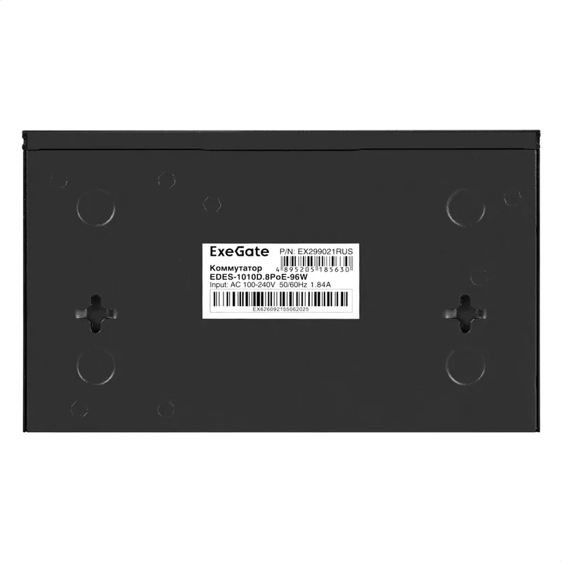 Коммутатор неуправляемый ExeGate EDES-1010D.8PoE-96W (10-портовый UTP 10/100 Base-Tx: 8 портов IEEE 802.3af (PoE), мощность PoE: 25W, суммарно 96W, 2 порта RJ45 uplink, настенный/настольный, металлический корпус)