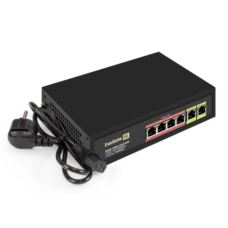 Коммутатор неуправляемый ExeGate EDGS-1006D.4PoE-65W (6-портовый гигабитный UTP 10/100/1000 Base-T: 4 порта IEEE 802.3af (PoE), мощность PoE: 15,4W, суммарно 65W, 2 порта RJ45 uplink, настенный/настольный, металлический корпус)
