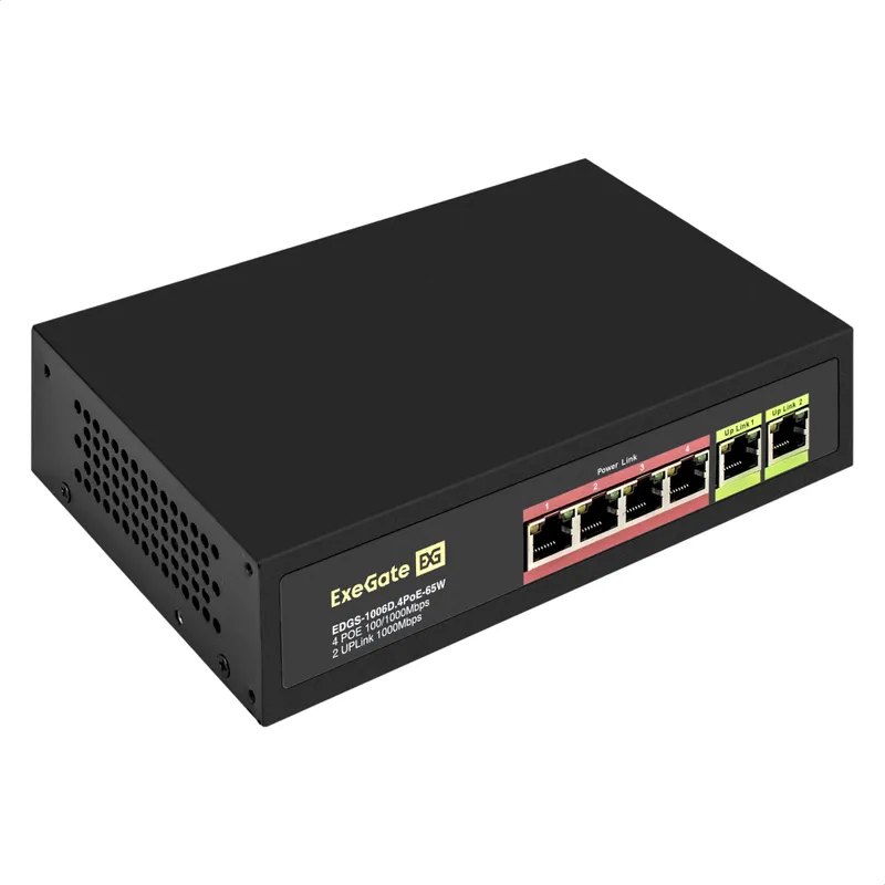 Коммутатор неуправляемый ExeGate EDGS-1006D.4PoE-65W (6-портовый гигабитный UTP 10/100/1000 Base-T: 4 порта IEEE 802.3af (PoE), мощность PoE: 15,4W, суммарно 65W, 2 порта RJ45 uplink, настенный/настольный, металлический корпус)