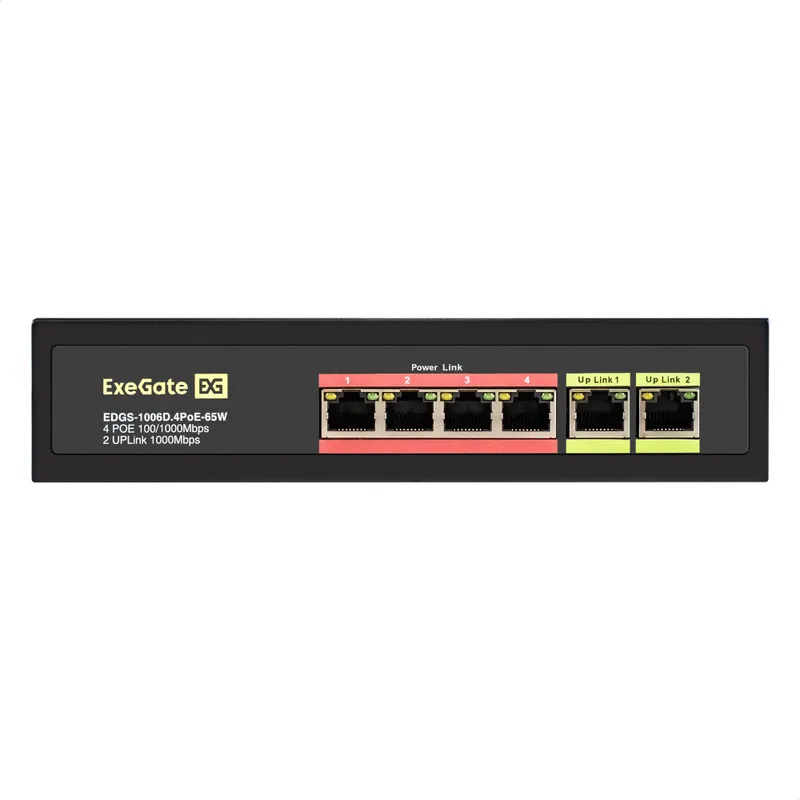 Коммутатор неуправляемый ExeGate EDGS-1006D.4PoE-65W (6-портовый гигабитный UTP 10/100/1000 Base-T: 4 порта IEEE 802.3af (PoE), мощность PoE: 15,4W, суммарно 65W, 2 порта RJ45 uplink, настенный/настольный, металлический корпус)