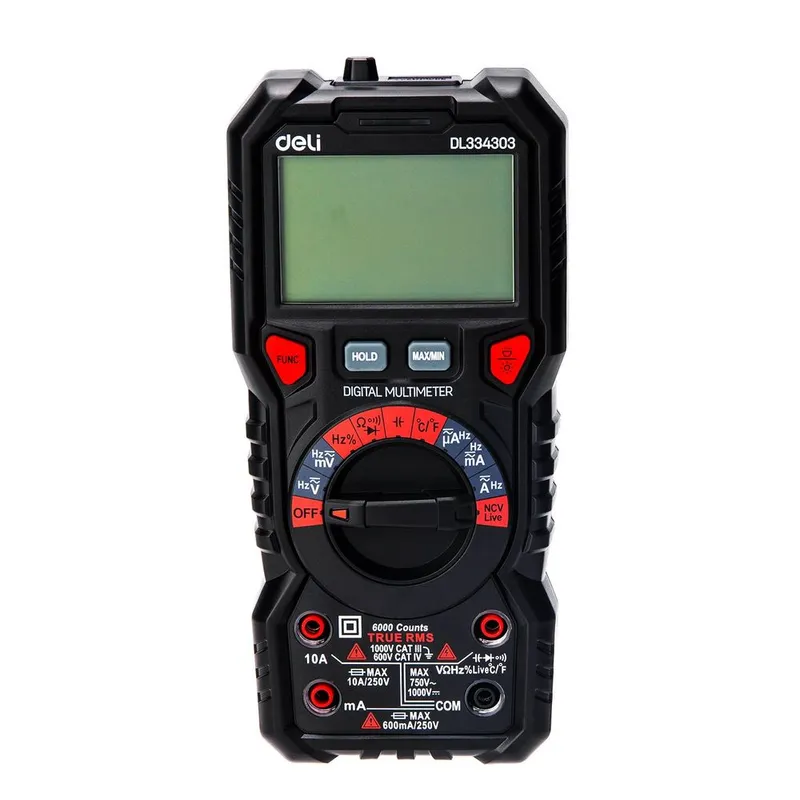  Многофункциональный цифровой мультиметр Deli DL334303 напряж. 0-1000В, сила тока 0,02-10А, сопр. до 60 МОм, ЖК-дисплей