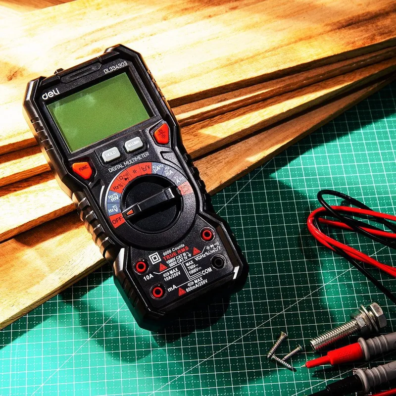  Многофункциональный цифровой мультиметр Deli DL334303 напряж. 0-1000В, сила тока 0,02-10А, сопр. до 60 МОм, ЖК-дисплей