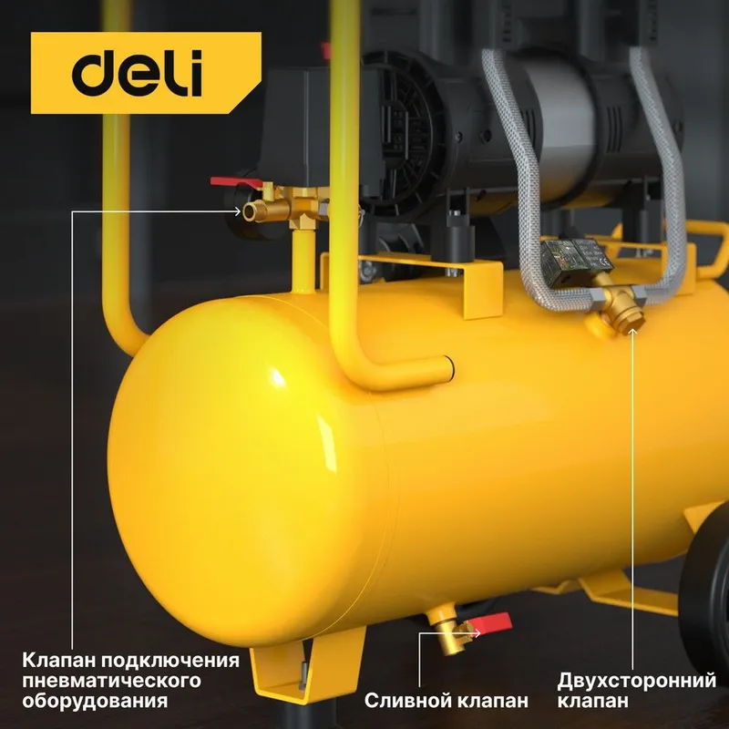 Компрессор поршневой Deli DL-WKY25-E1 безмасляный 80л/мин 25л 1200Вт желтый/черный