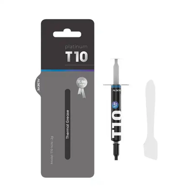 Термопаста ALSEYE T10 Thermal conductivity: 13.9W/m-k
 Color: Gray
 Conductivity: non-conductive specific gravity: 2.7g / cm³@25℃
 Capacity: 1.2ml
 Weight: 2G