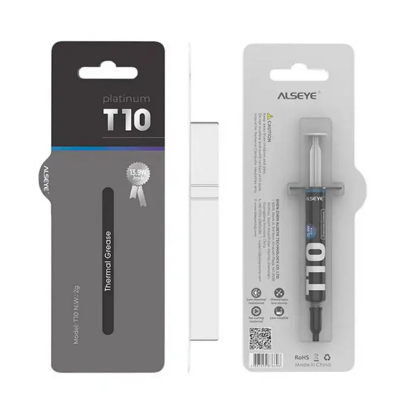 Термопаста ALSEYE T10 Thermal conductivity: 13.9W/m-k
 Color: Gray
 Conductivity: non-conductive specific gravity: 2.7g / cm³@25℃
 Capacity: 1.2ml
 Weight: 2G