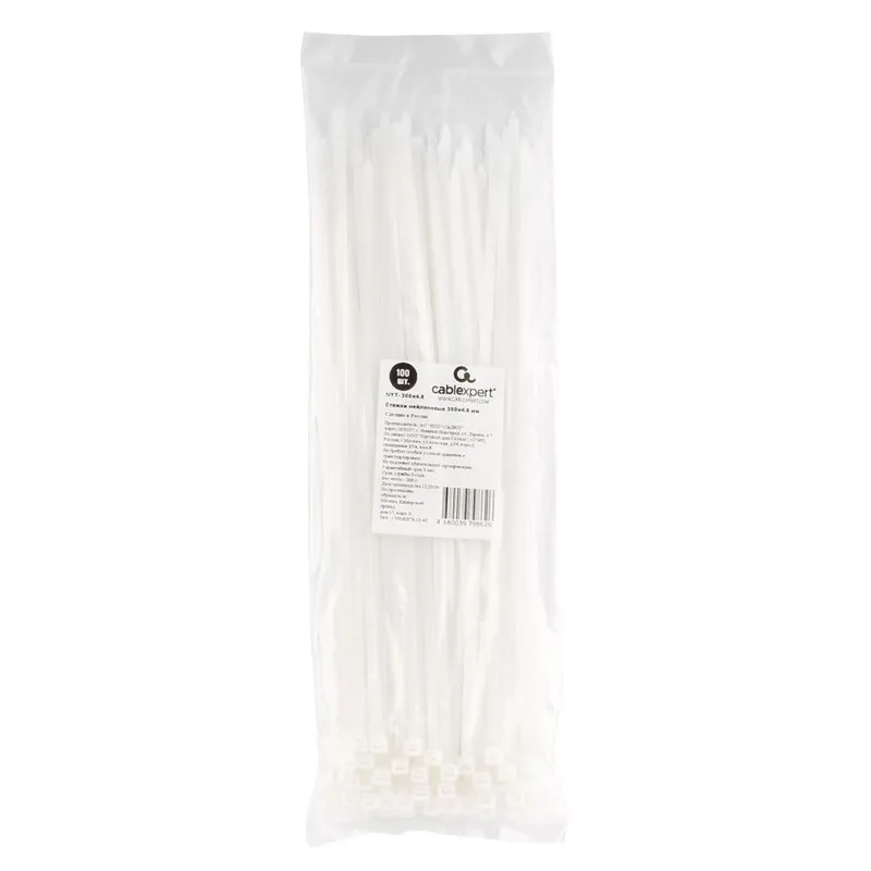 Аксессуары Cablexpert Стяжки NYT-300x4.8 пластиковые 300 мм х 4.8 мм, белые (100 шт.) (798626)