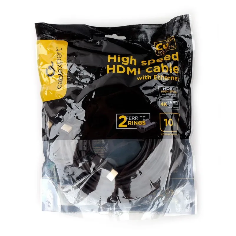 Кабель HDMI Cablexpert CCF2-HDMI4-10M 10м, v1.4, 19M/19M, черный, позол.разъемы, экран, 2 ферр кольца, пакет (272283) {15}