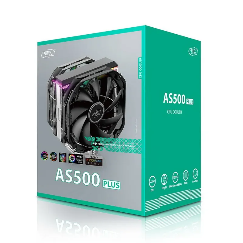 Вентилятор Deepcool AS500 PLUS RTL {6} (727071) (Height 164mm, 6mm x 5pcs, Fan 140mm*2, 500;1200RPM ±10%, < 29.2 dB(A), 4-pin PWM, TDP 220W, Screw, Socket AMD AM4, Intel LGA 2066/2011-v3/2011/1700/1200/115x) {8}