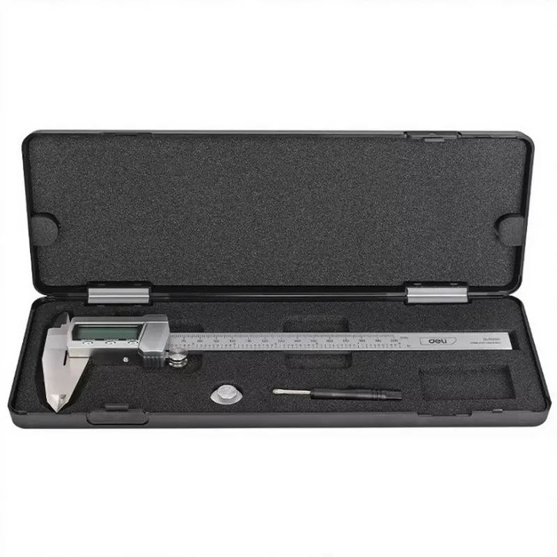  Электронный штангенциркуль Deli DL91200  200мм, метрическая/дюймовая конвертация, нержавеющая сталь, 3 кнопочное управление, светодиодный дисплей, 1,5В SR44.