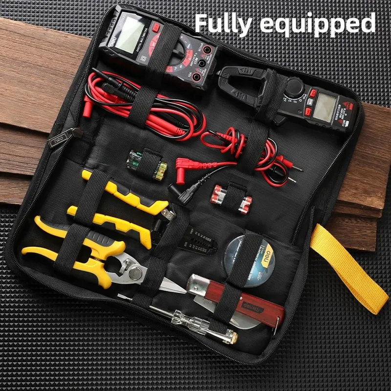  Набор электрика Deli DL-C1007E-Z (мультиметр, токовые клещи, индикаторная отвертка, стриппер, ножницы, нож, изолента, батарейки, чехол)